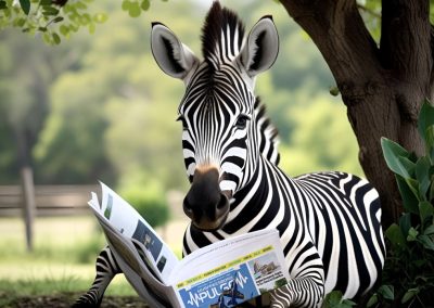 Ed the Zebra Enjoying the News under a Tree