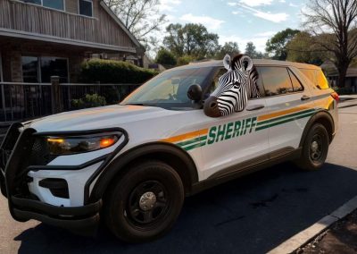 Ed the Zebra in a Sheriff Car