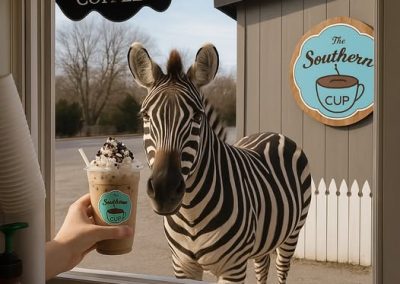 Ed the Zebra Grabbing a Coffee